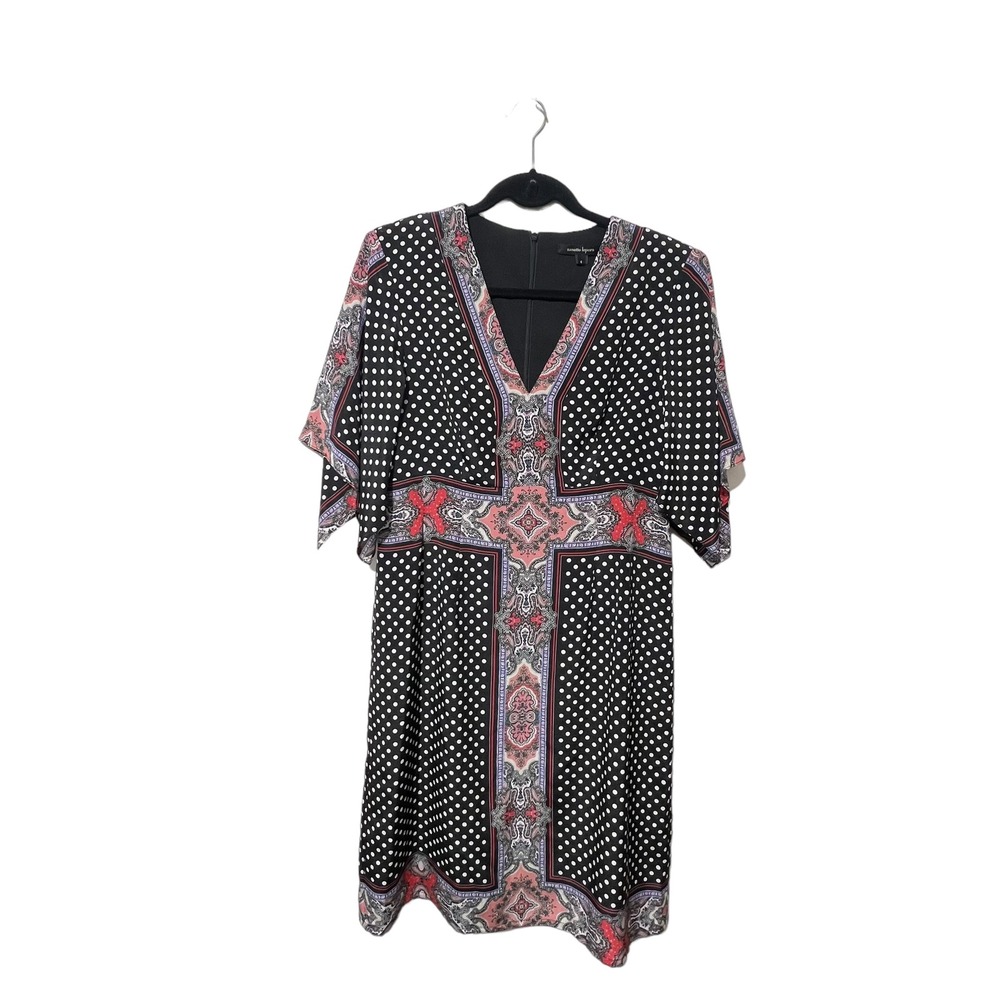 Nanette Lepore Silk Polka Dot Paisley V-Neck Sheath Dress Size 6 Black Red Mixed